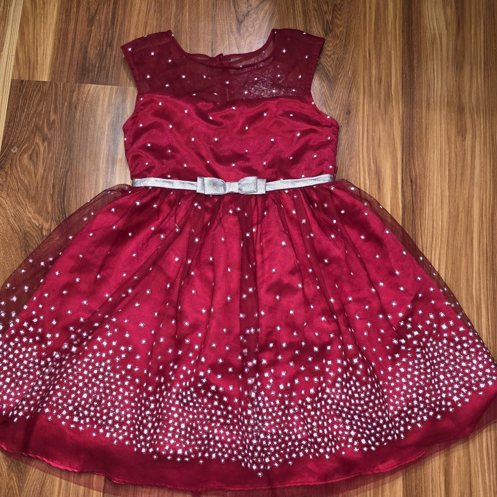 Jona Michelle Dress Girls 7 Red Tulle Polka Dot Fit & Flare Silver Bow Party